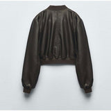 back view of black bomber jacket with long sleeves cropped style