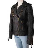 cropped black quilted leather jacket for womens with golden acessories