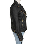 side view black padded and quilted jacket lapel collar with golden accessories