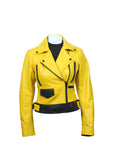 Yellow color leather jacket with black accessories