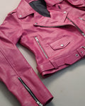 lapel collar pink leather jacket with silver accessories