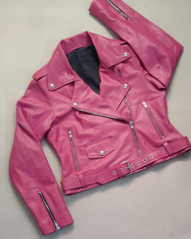 pink leather jacket zipper cuffs black lining