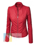 red colour perforated leather jacket for biker womens