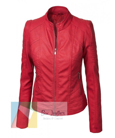 red colour perforated leather jacket for biker womens