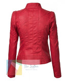 back view of red women moto jacket long sleeves