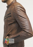 brown leather jacket side view