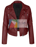 open zipper front oxblood moto leather jacket