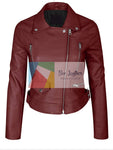 front closed oxblood biker jacket with protective armours