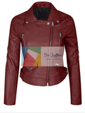 front closed oxblood biker jacket with protective armours