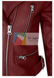 close look of oxblood leather jacket with silver zippers